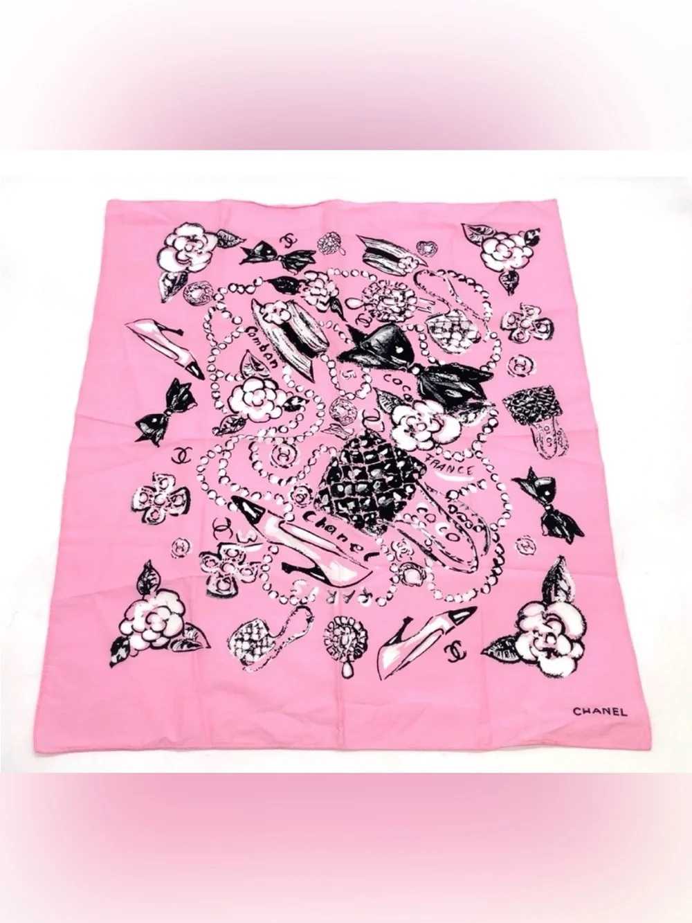 CHANEL 93P Pink Cotton Scarf Camellia Pearls Bows Classic Flap Bag Sketch Motifs